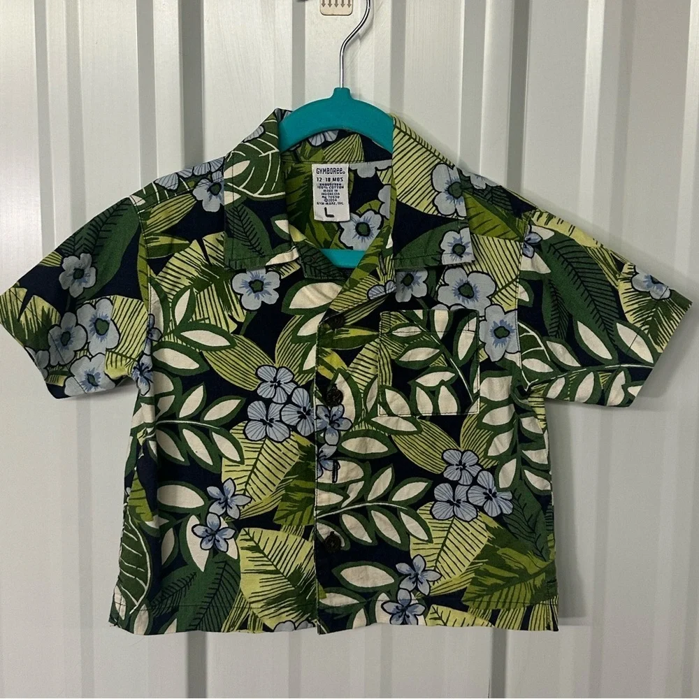Infant Boys Vintage Gymboree Hawaiian Shirt Retro Tropical Palm Aloha Button Up